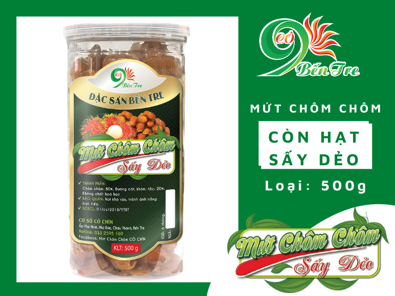 Mứt chôm chôm sấy dẻo nguyên hạt - đặc sản bến tre - cơ sở cô chín - hộp 500gr