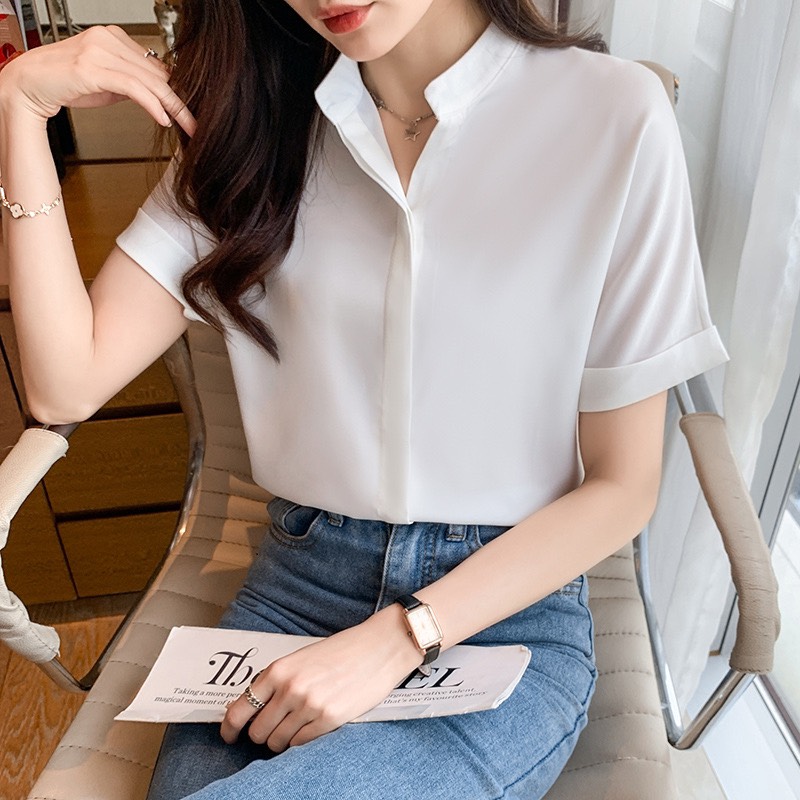 Áo sơ mi nữ tay ngắn kiểu cổ trụ cực sang trọng thời trang valerio phong cách hàn quốc chất vải cao cấp , đẹp , sang chảnh