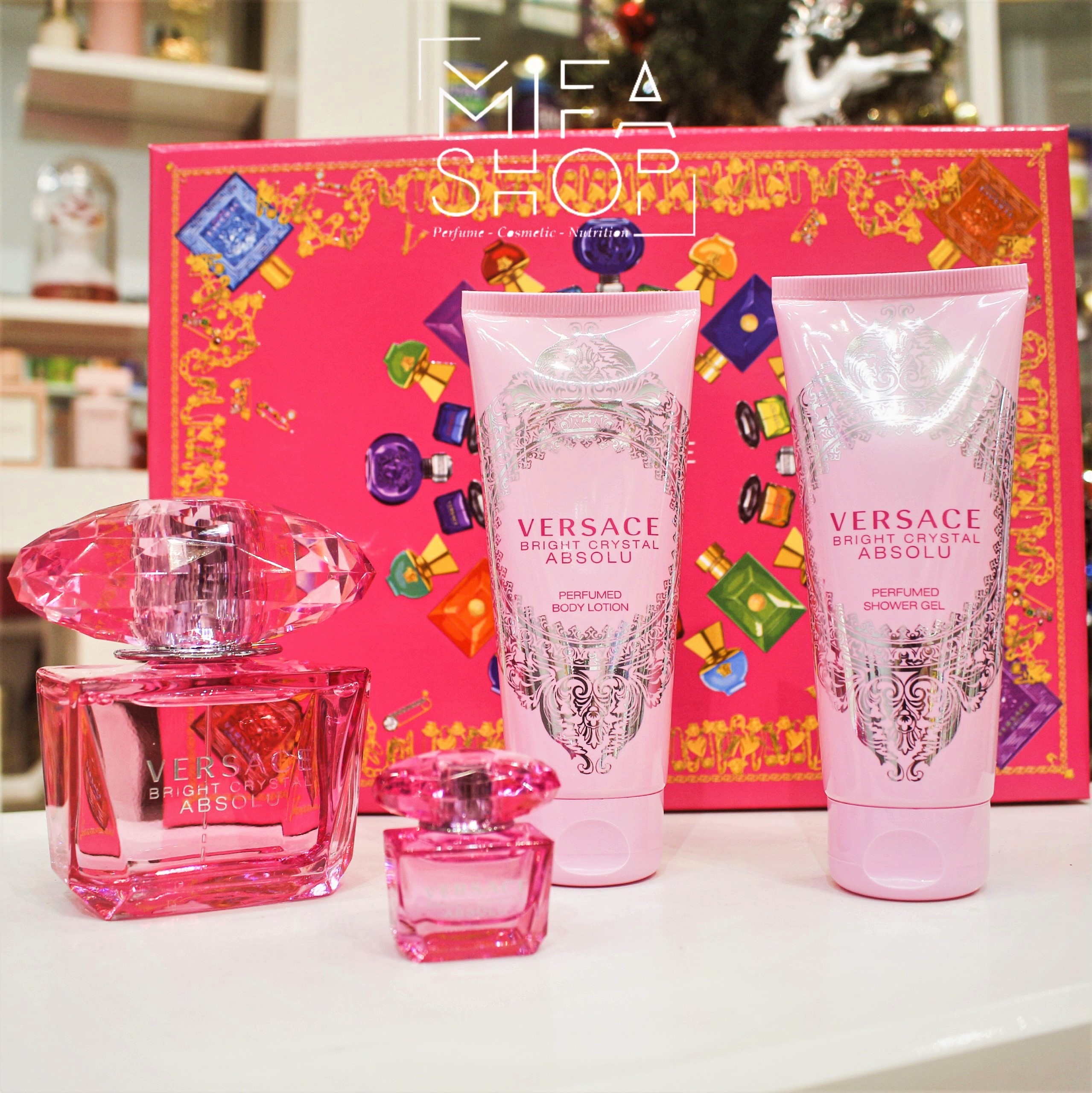 Bộ Nước Hoa Versace Bright Crystal Absolu 100ml, 5ml, sữa tắm, dưỡng thể