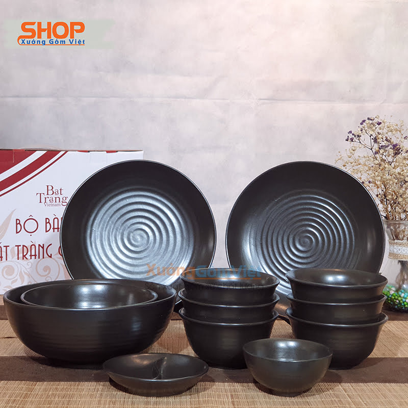 Bộ bát đĩa men đen mát 12 món setup bàn ăn đẹp mắt, giá thành rẻ,chất lượng, an toàn - XƯỞNG GỐM VIỆT