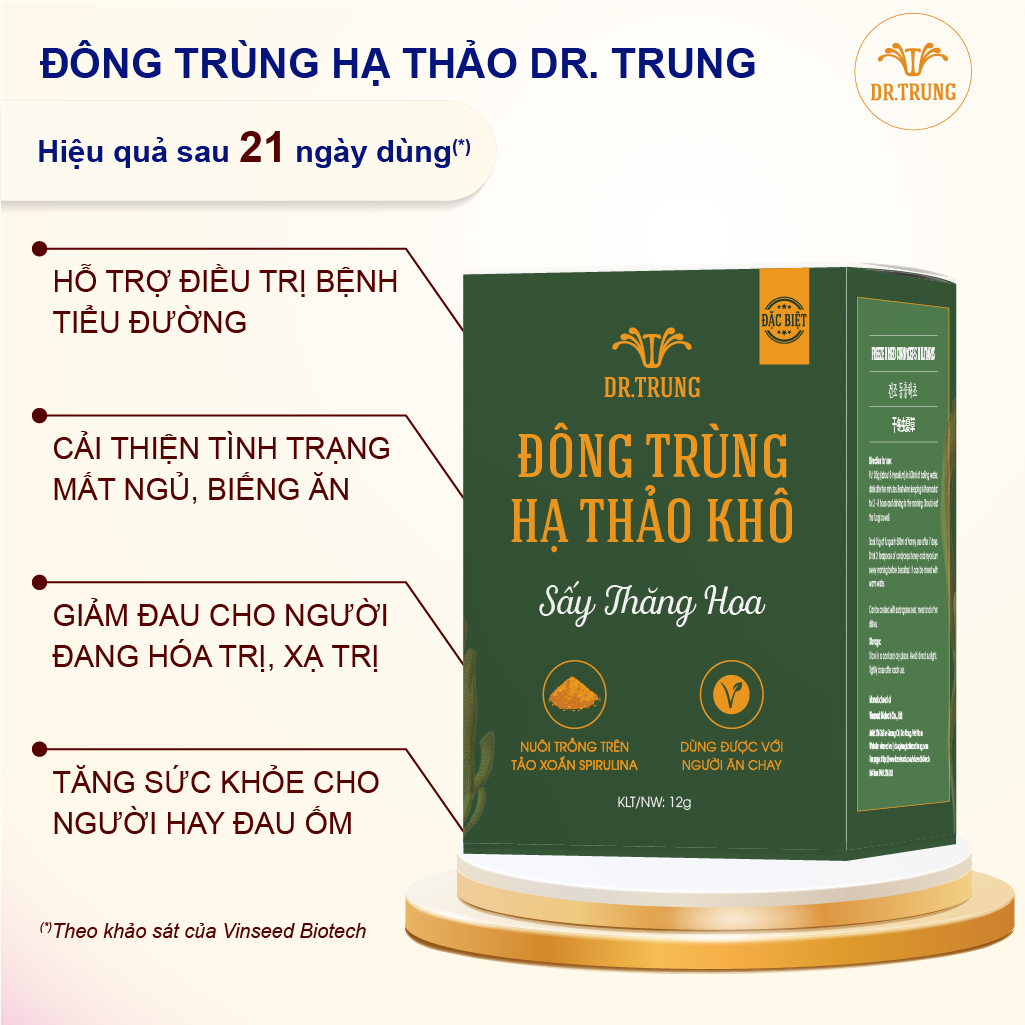 Dr. Trung - Nấm dược liệu Đông trùng hạ thảo loại Đặc biệt 12g. Sấy thăng hoa, nuôi trồng trên protein thực vật, không chất bảo quản. Đạt chuẩn OCOP 4 sao.