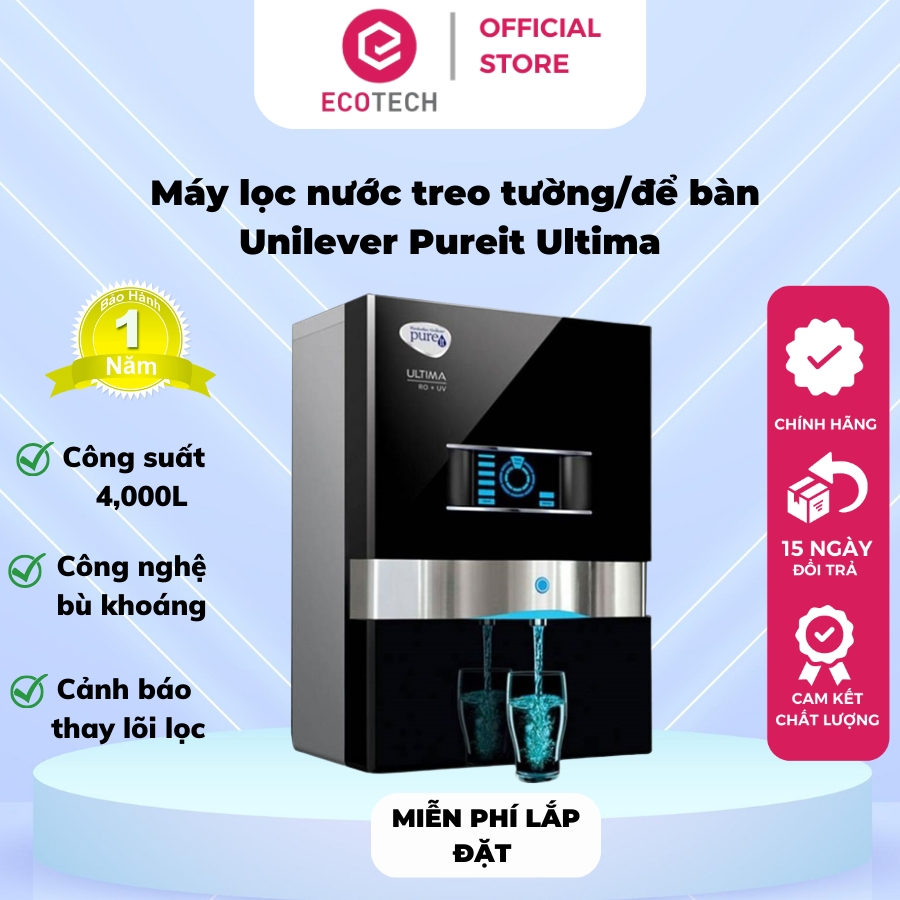 [MIỄN PHÍ LẮP ĐẶT] Máy lọc nước Treo tường-Để bàn Unilever Pureit Ultima Công nghệ Thẩm Thấu Ngược RO 7 bước lọc có bù khoáng, màn hình đo độ tinh khiết nước và cảnh báo thay lõi - Dung tích 10L
