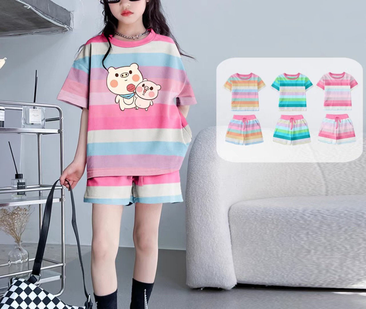 Bộ quần áo màu hè dành cho bé gái 13-44kg mẫu CẦU VỒNG. Chất vải côtton co dãn, thoáng mát.