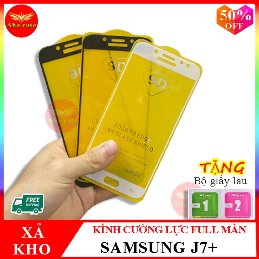Kính cường lực SAMSUNG J7+, Kính cường lực J7 Plus FULL màn hình, Tặng kèm giấy lau ướt và giấy lau khô, Aha Case
