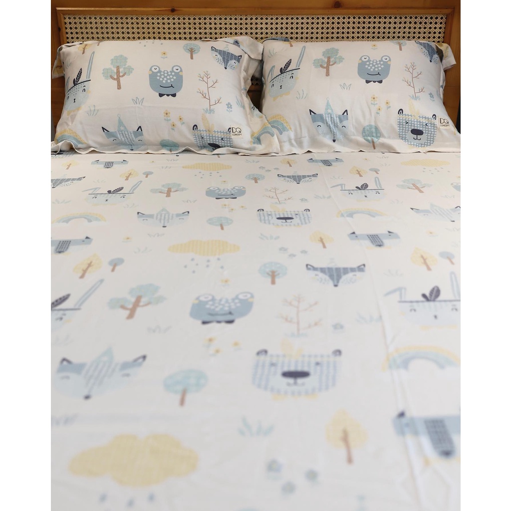Chăn ga gối tencel lamido gấu cáo ếch size ga nệm 1m4, 1m6, 1m8, 2m