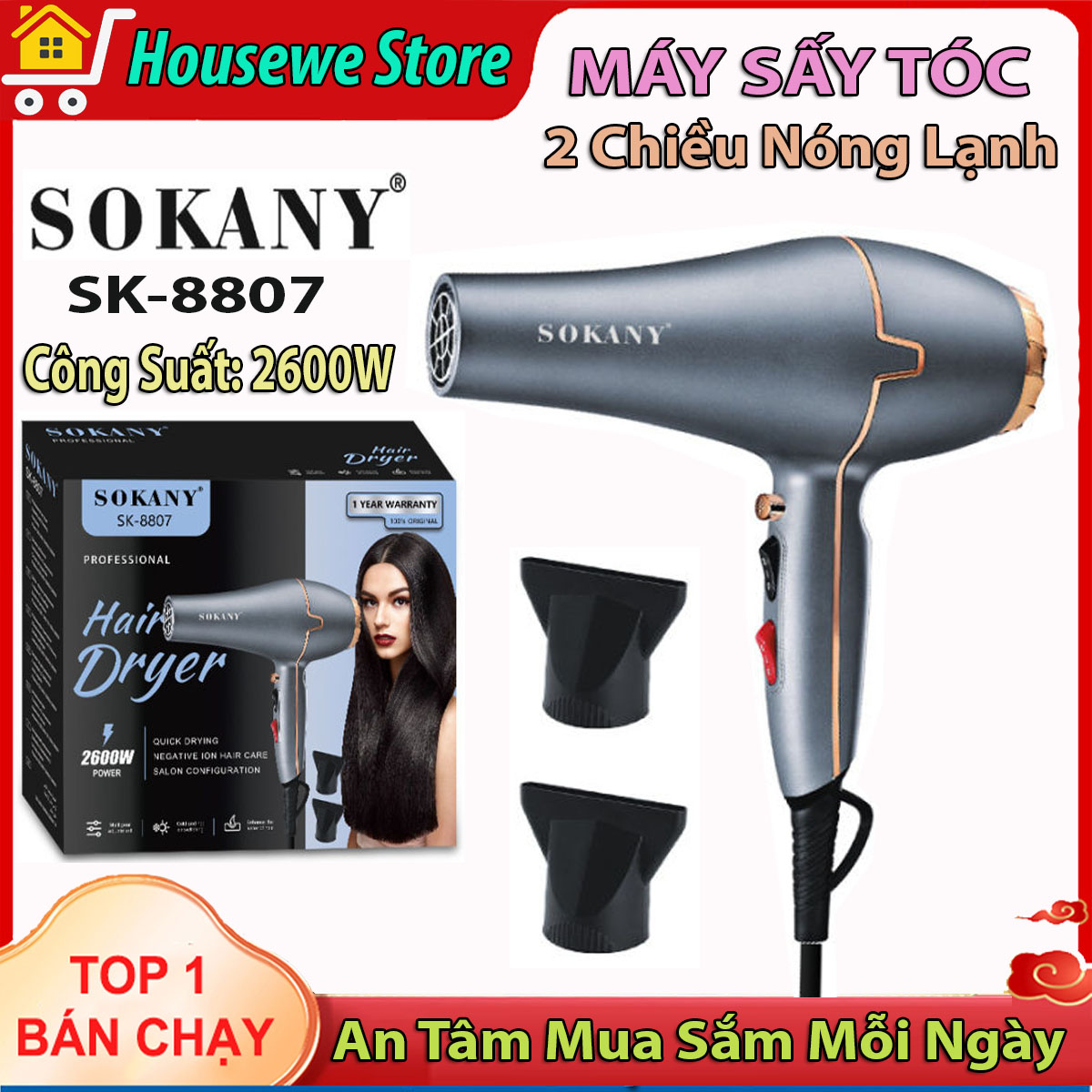 Máy sấy tóc 2 chiều nóng lạnh sokany 8807, máy sấy tóc mini công suất lớn 2600w, máy sấy tóc ion âm không gây hư tổn tóc, máy sấy tóc tạo kiểu