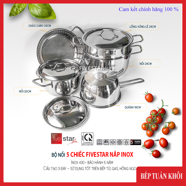 Bộ nồi inox 5 chiếc fivestar nắp inox
