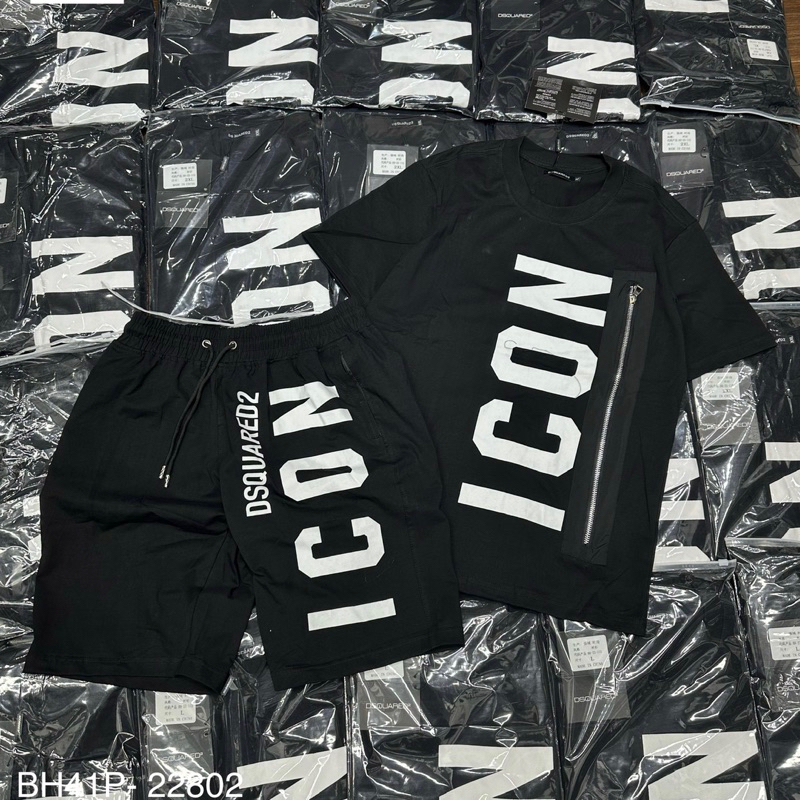 Bộ đồ nam cộc tay cổ tròn Dsq2 cotton in chữ ICON dọc thân thêu khoá zip kiểu dáng đơn giản đẹp BH41P