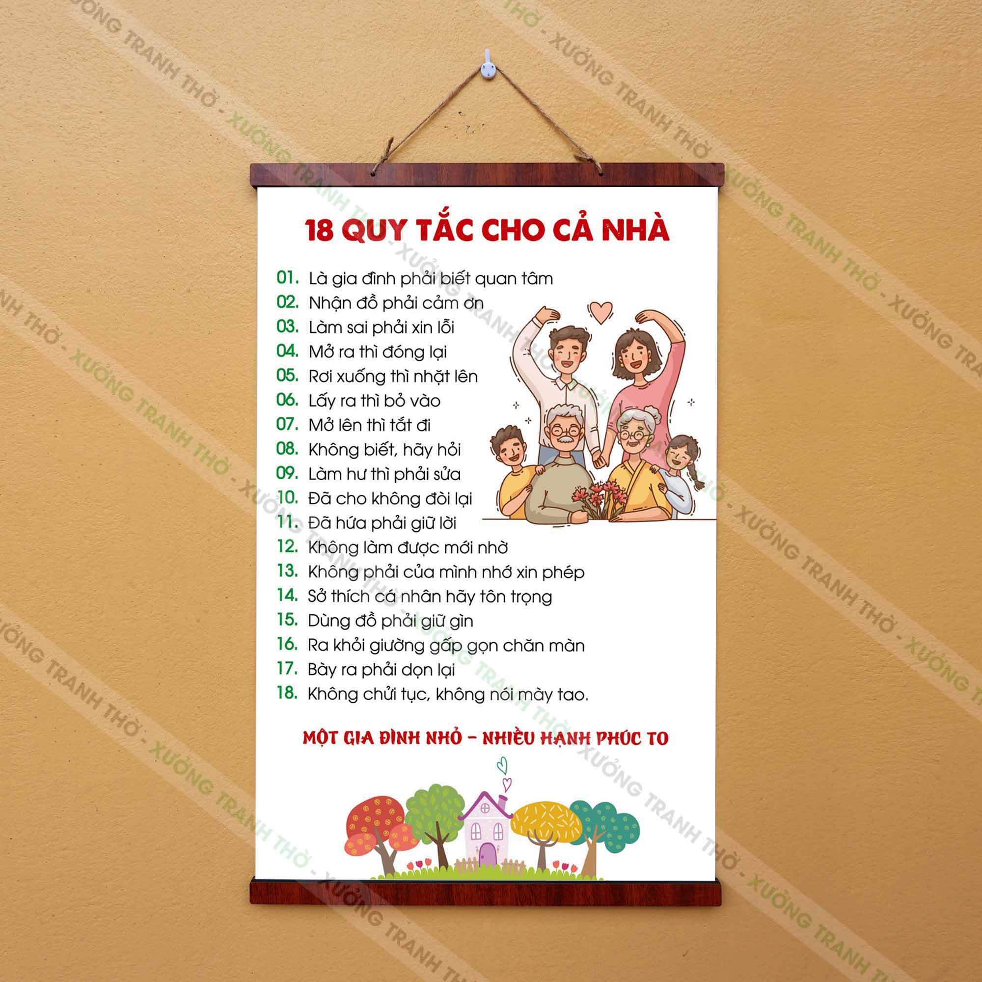 Tranh chữ 18 Quy Tắc Cho Cả Nhà 40x60cm treo tường chất liệu vải phủ bóng cao cấp, dày dặn