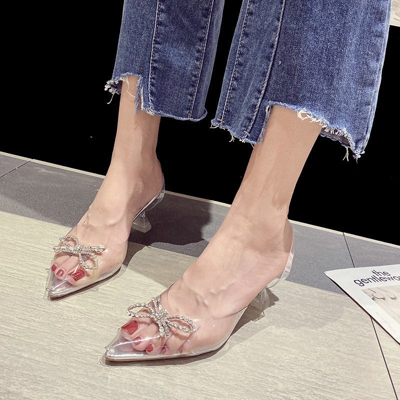 [BẢO HÀNH 12 THÁNG] giày cao gót quai trong gót nhọn 7cm đính nơ gắn đá - sandal cao gót quai trong - dép guốc cao gót quai trong