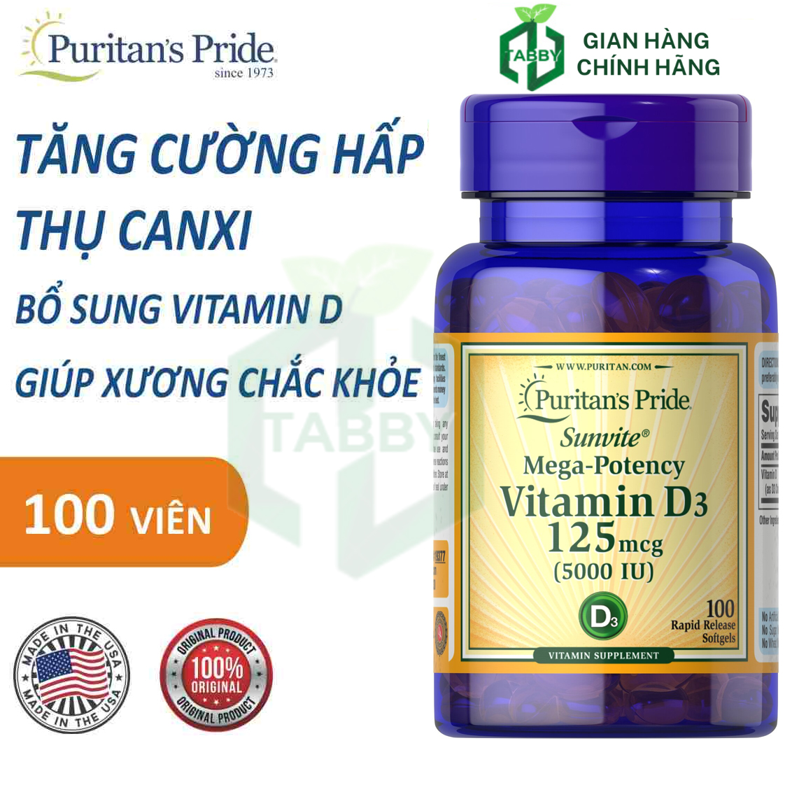 Viên uống tăng cường hấp thu Canxi Vitamin D3 5000 IU 100 Viên Puritan s