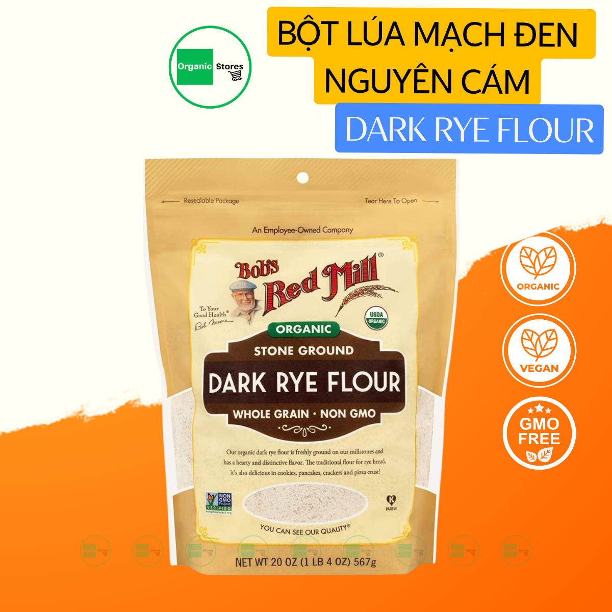 Bột lúa mạch đen nguyên cám hữu cơ Dark Rye Flour 567gr - Bob's Reb Mill