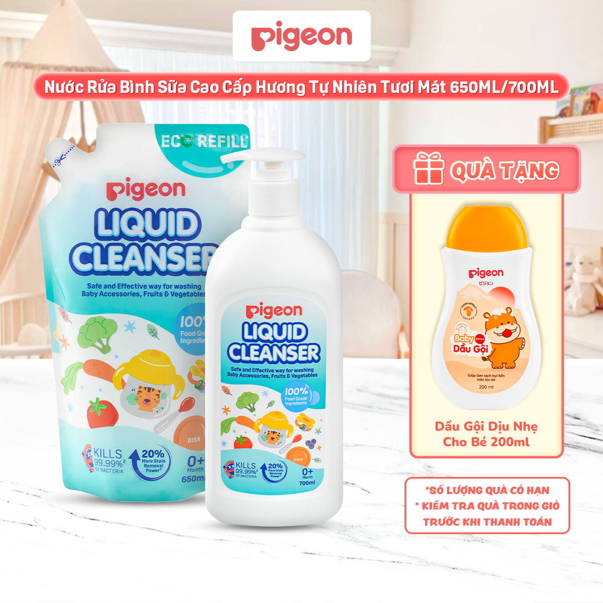 Nước Rửa Bình Sữa Pigeon Hương Tự Nhiên Tươi Mát 100% Thành Phần Thực Phẩm, Diệt 99.99% Vi Khuẩn