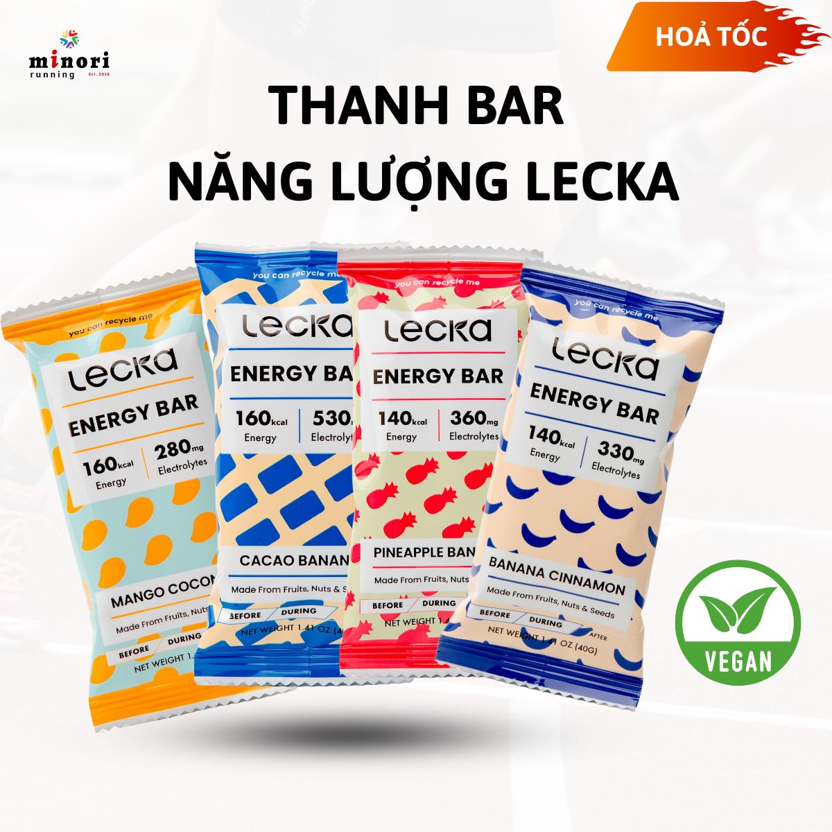 Thanh năng lượng Lecka Energy Bar 40g, 20g Thuần chay Vị trái cây tự nhiên bổ sung năng lượng Minori