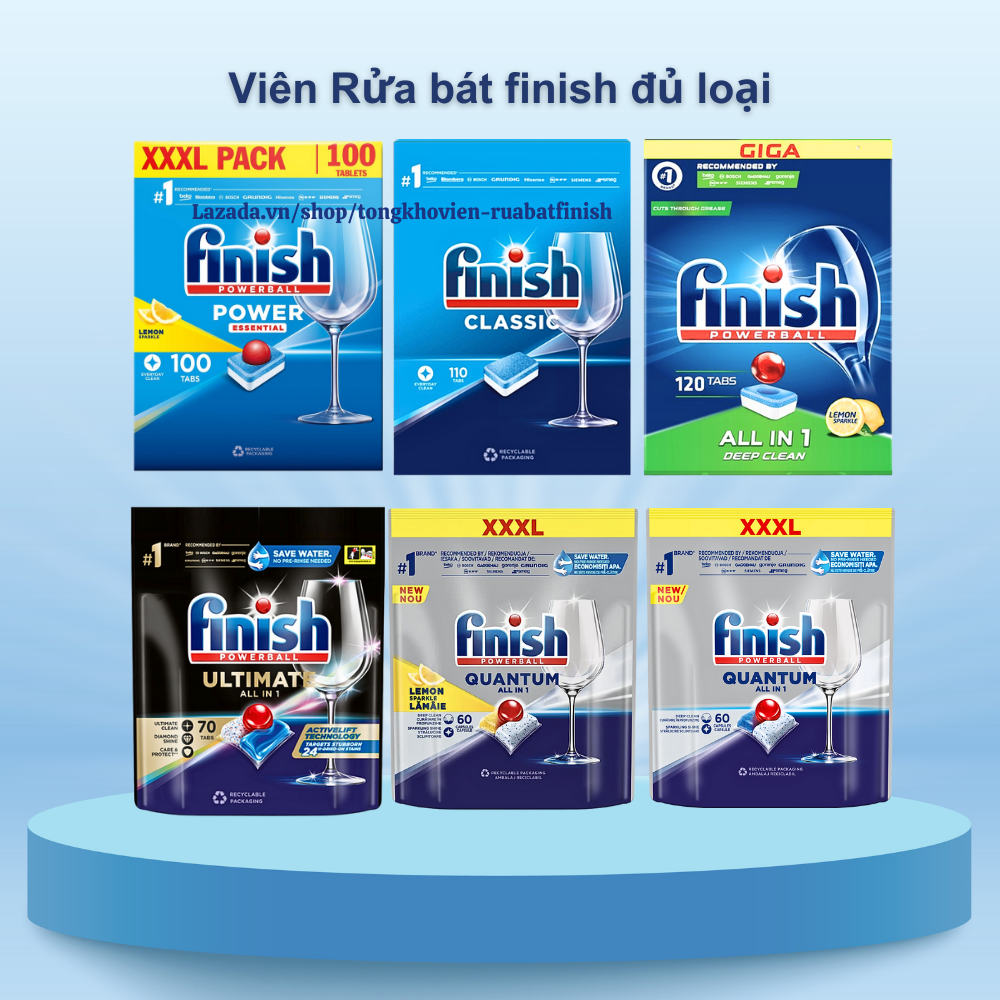 Viên rửa bát Finish ALL in 1 Classic quantum 120 110 90 viên bột muối bóng finish nhiều loại dùng cho máy rửa bát