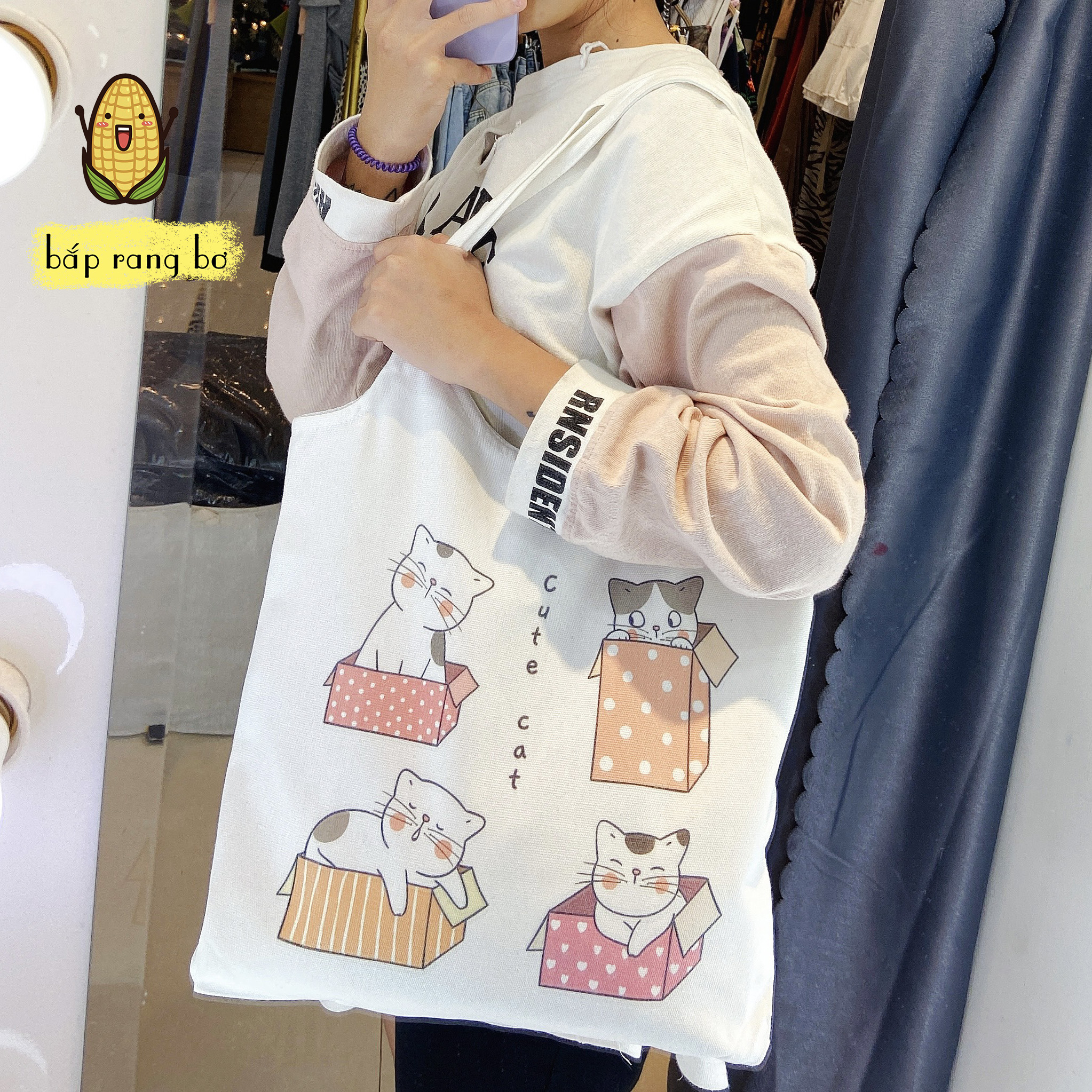 TÚI TOTE TRÒN MÈO CUTE (CÓ TÚI CON) - VẢI CANVAS