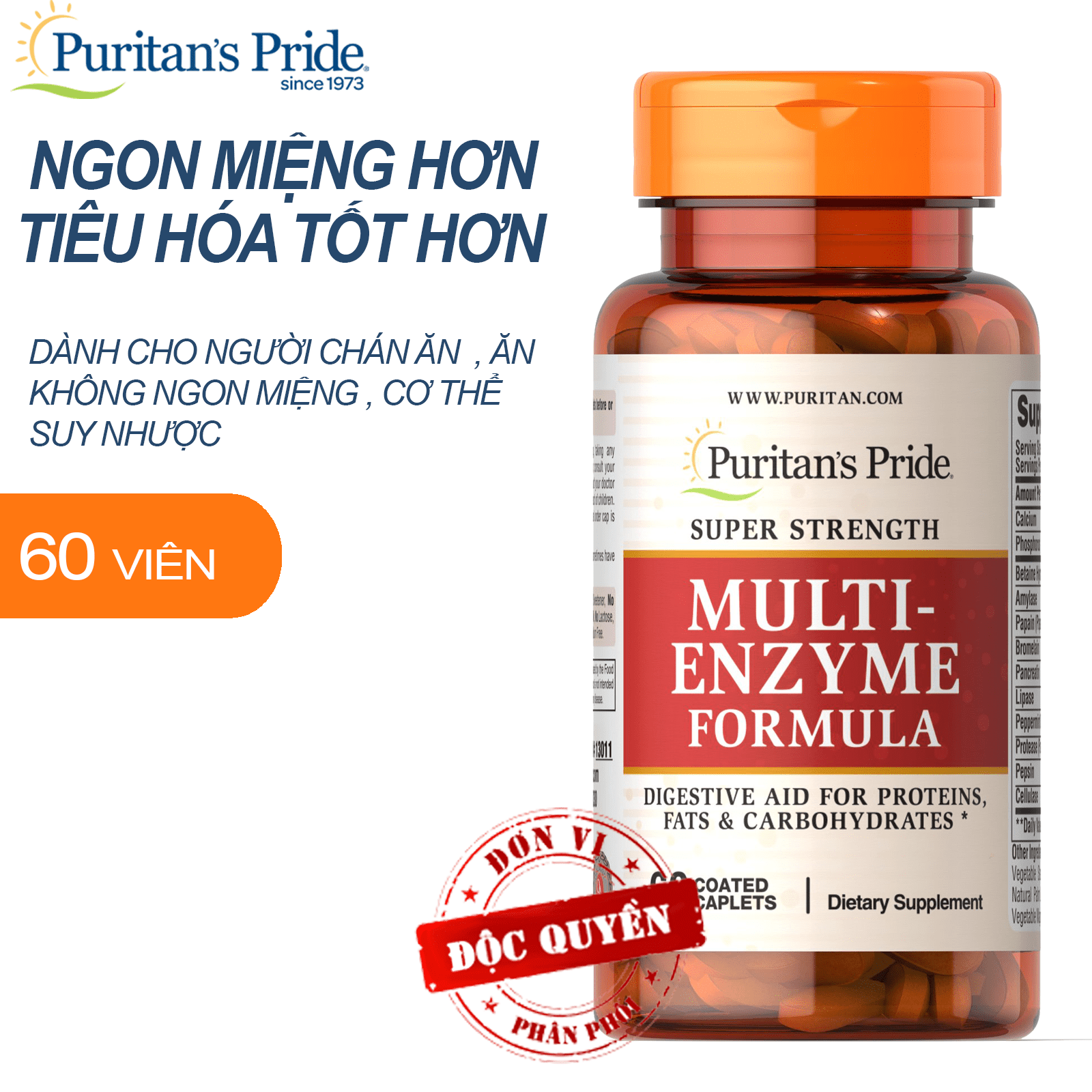 Hỗn hợp men tiêu hóa Multi Enzym Formula 60 viên Puritan's Pride