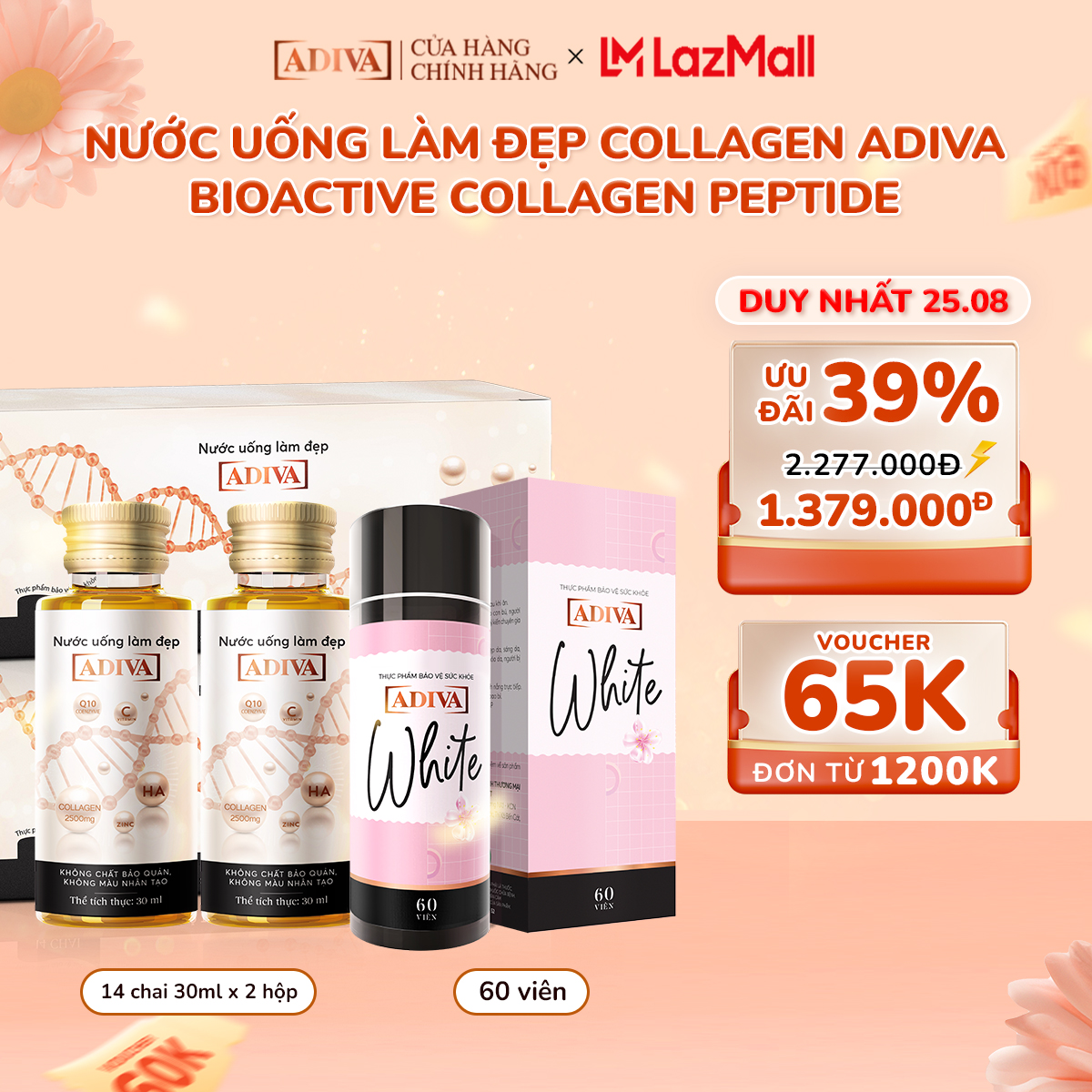 Combo 2 Hộp Nước Uống Làm Đẹp Collagen ADIVA Tem Trắng (14 Chai/Hộp) Tặng 1 Hộp Viên Uống Trắng Da White ADIVA 60 Viên