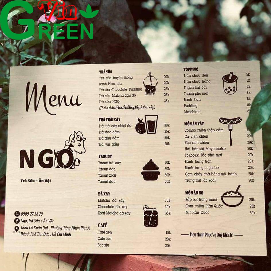 Menu gỗ cho quán cà phê quán ăn nhà hàng hotel khổ a4