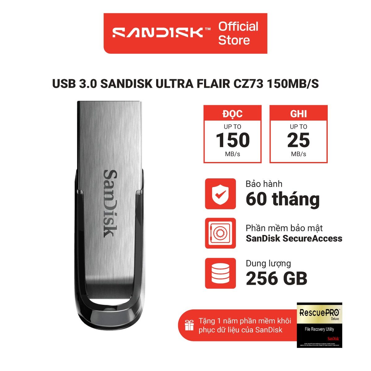 USB 3.0 SanDisk Ultra Flair CZ73 16GB - 32GB - 64GB - 128GB - 256GB 150MB/s