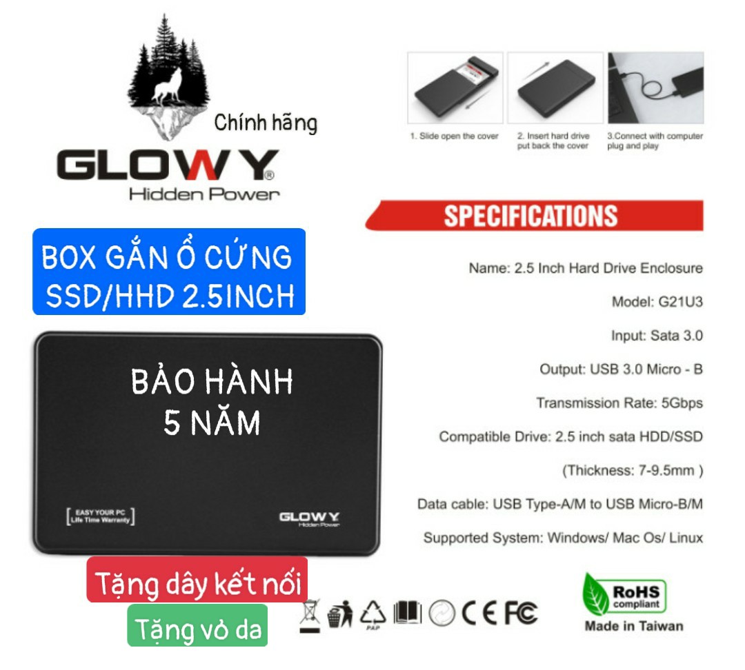 Box ổ cứng 2.5 GLOWY G21U3 Sata 3.0, Dùng cho HDD, SSD, Chính hãng bảo hành 5 Năm