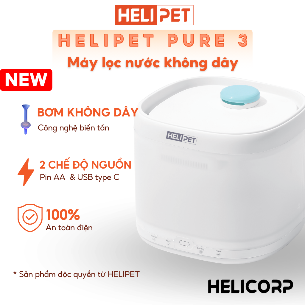 Máy lọc nước thông minh cho chó mèo sử dụng bơm không dây HELIPET Pure 3