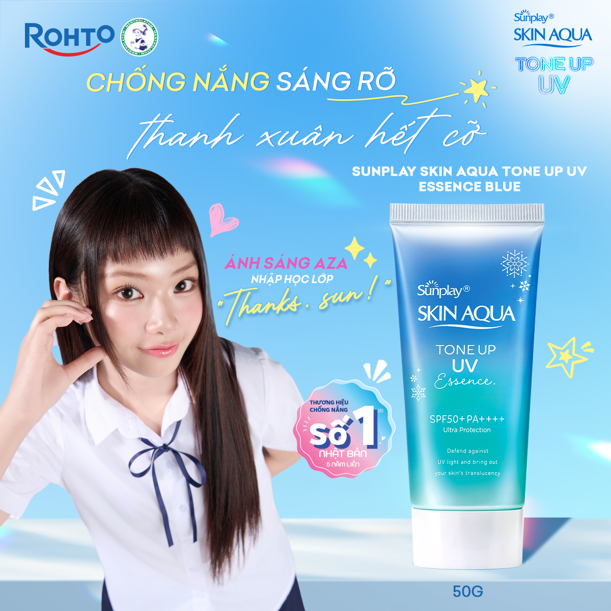 Kem chống nắng nâng tông Skin Aqua Tone up Blue cho da vàng có khuyết điểm đỏ, dạng tinh chất Sunplay Skin Aqua Tone Up UV Essence Blue SPF 50+ PA++++ 50g