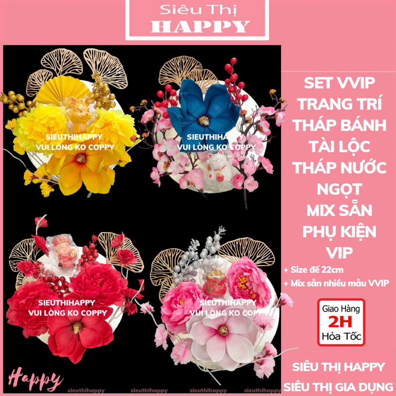 Set trang trí tháp bánh tài lộc, tháp nước ngọt mix sẵn phụ kiện vip