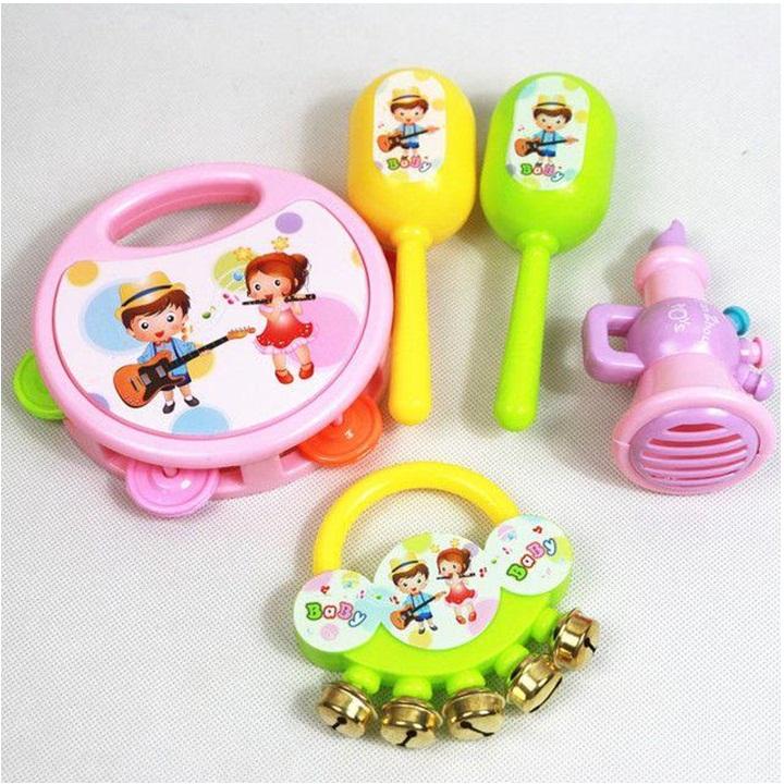 Bộ Đồ Chơi 5 Món Nhạc Cụ Lắc Tay, Kèn, Xúc Xắc, Trống Tay - Đồ Chơi Giúp Bé Tập Cầm Nắm, Nhận Biết Màu Sắc và Làm Quen Âm Thanh