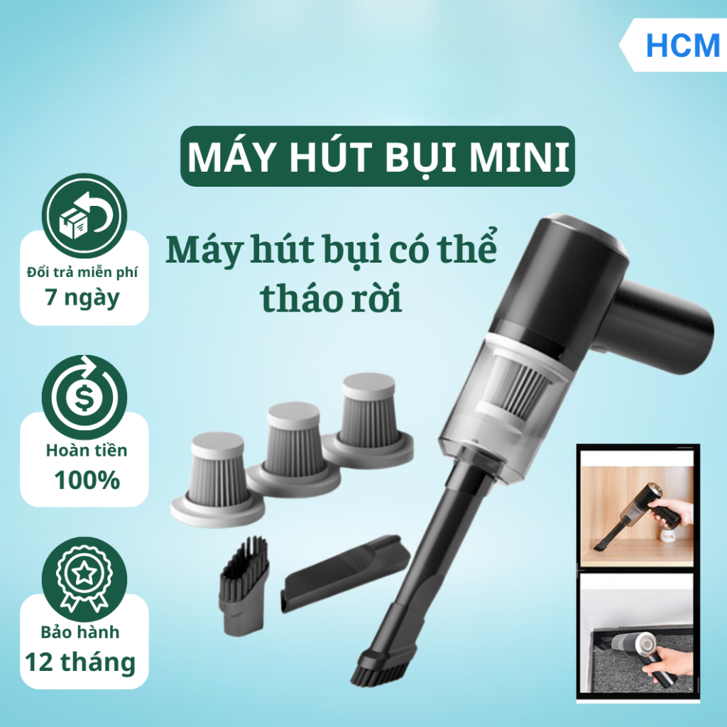 Máy hút bụi cầm tay mini, hút bụi ga gường, kẽ nhỏ, xe hơi, máy tính, … máy hút bụi mini cầm tay không dây, sạc tích điện, lực hút cao 9000pa - 120w hút mọi loại bụi bẩn, bảo hành 12 tháng