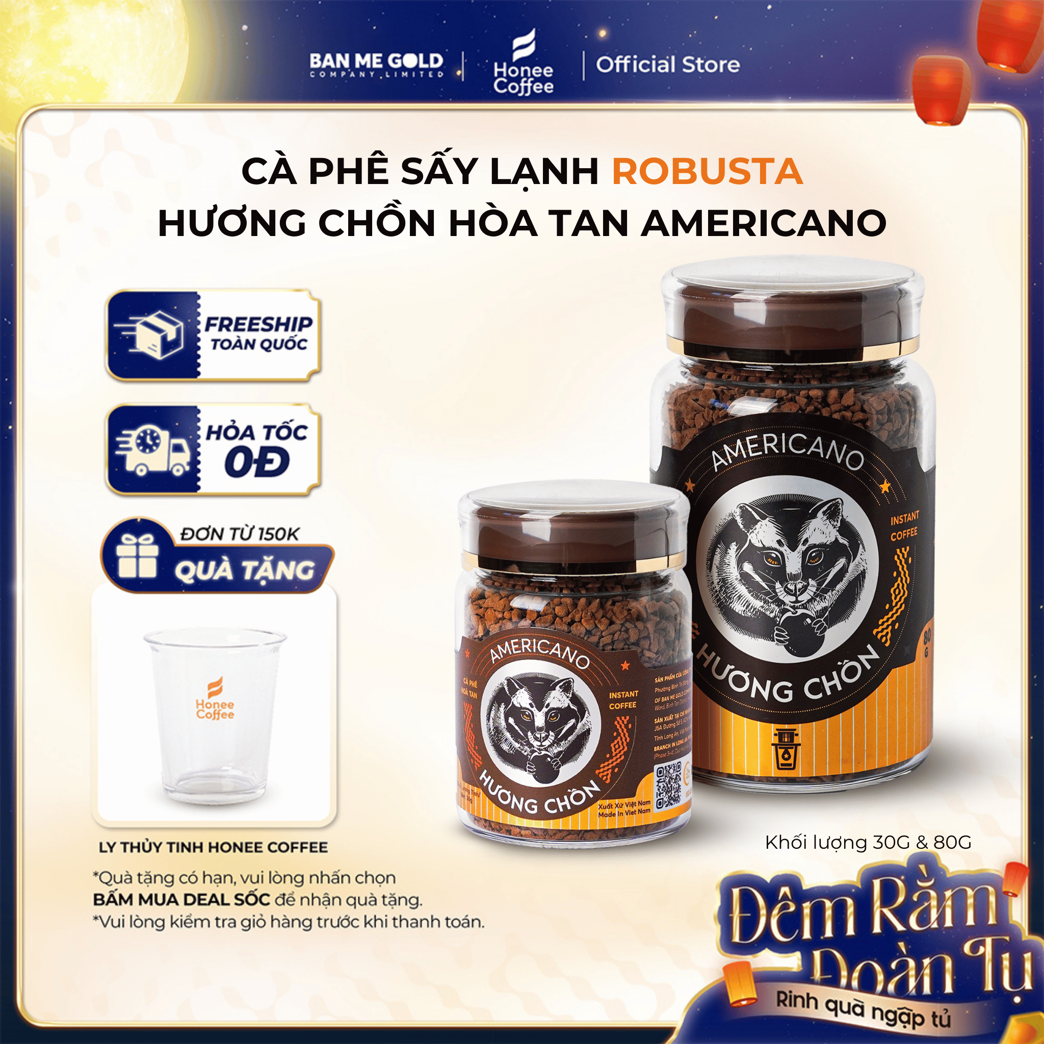 [TẶNG QUÀ] Cà Phê Robusta Hương Chồn Sấy Lạnh Americano (30g/80g) Cafe Chồn Hòa Tan Sấy Lạnh Robusta Thượng Hạng Cao Cấp Chính Hãng Ban Me Gold - Honee Coffee