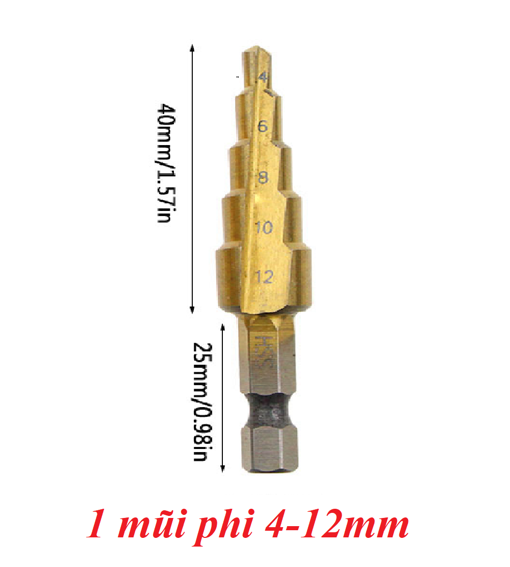 Mũi Khoan Tháp Thẳng Thép Gió HSS Mạ Titan Phi 4-12mm 4-20mm 4-32mm Chân Lục Giác, Bộ 3 Mũi Khoan Đa Tầng 15 Size Ø4-32mm Bền Bỉ Hàng Chất Lượng Khoan Nhôm Gỗ Nhựa Meca