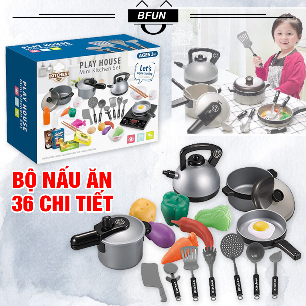 Bộ đồ chơi nấu ăn làm bếp cho bé 36 chi tiết gồm chảo , nồi,... - đồ chơi nấu ăn mini bằng nhôm 10 món cho bé gái bfun