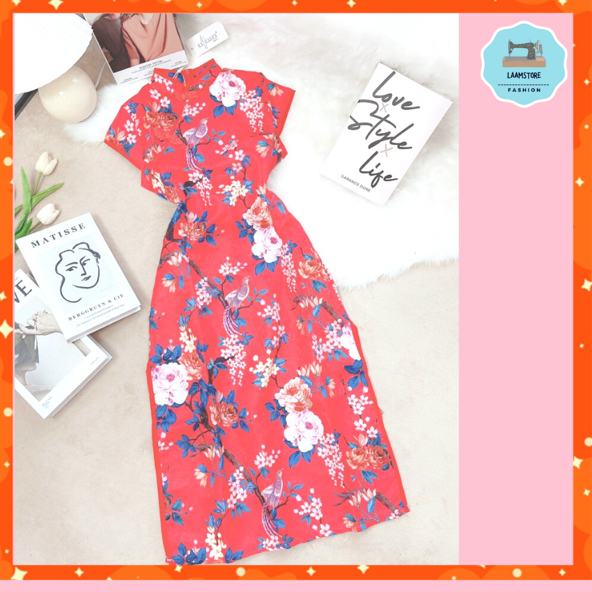 Sườn xám cách tân nữ họa tiết hoa xuân dáng dài phong cách trung hoa