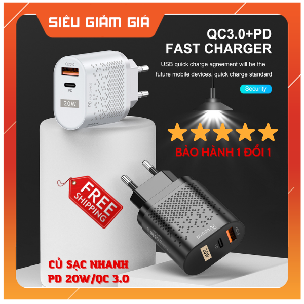 Củ sạc nhanh PD 20W/QC3.0 Cho Iphone, Samsung, Xiaomi, Vivo, Realme, Vsmart/ Huawei/ Oppo/Nokia cổng kép USB-A + Type-c