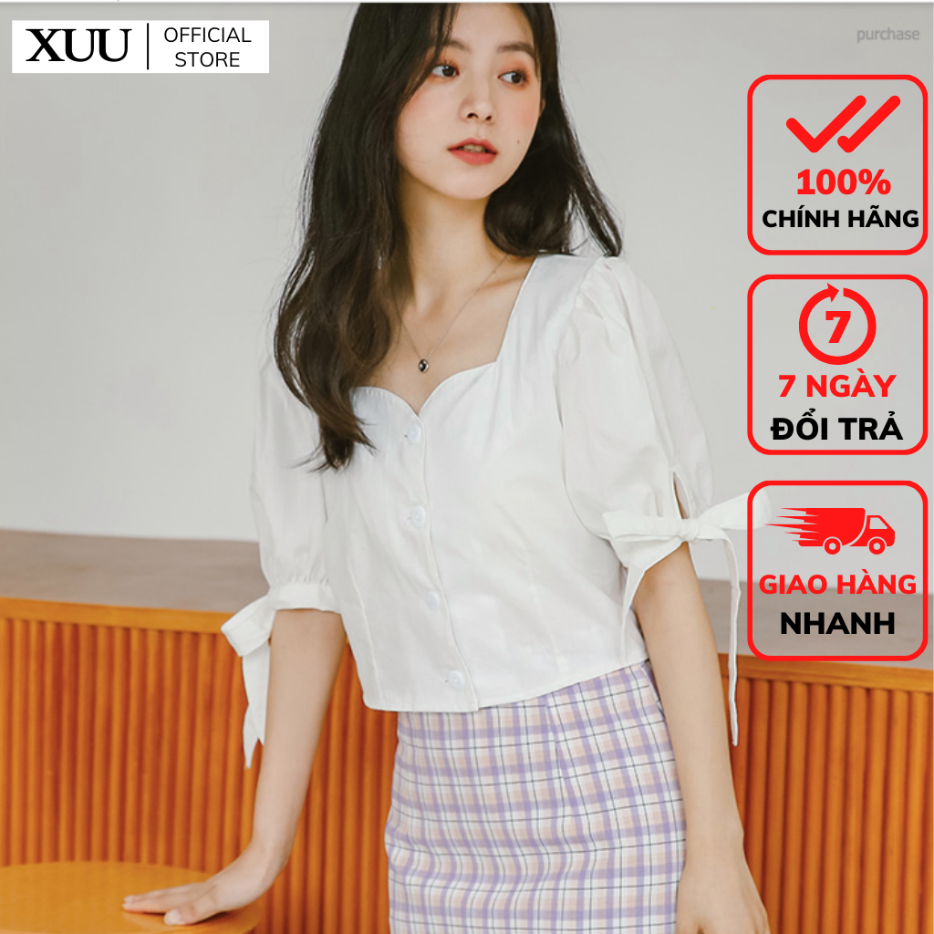Áo Sơ Mi Nữ Trắng Crop tay thắt nơ thời trang Xuu Design,Hàng Thiết kế đẹp SM109K2