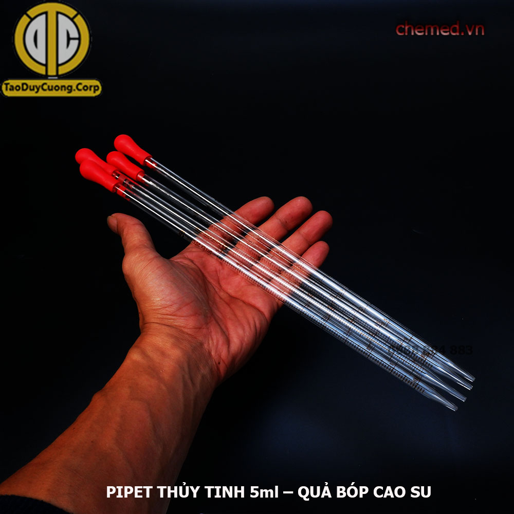 Pipet thuỷ tinh, Ống hút pipet thủy tinh chia vạch kèm quả bópThể tích 1ml, 2ml 5ml, 10ml, 20ml