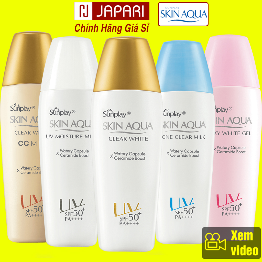 Kem Chống Nắng Skin Aqua Clear White CHÍNH HÃNG Cho Da Mặt Và Body Toàn Thân Nắp Vàng, Xanh, Hồng - Kem Chống Nắng Sunplay Aqua Skin Cho Da Dầu Mụn, Da Mụn, Da Khô, Da Nhạy Cảm - Sữa Chống Nắng Kiềm Dầu Nâng Tone - Japari