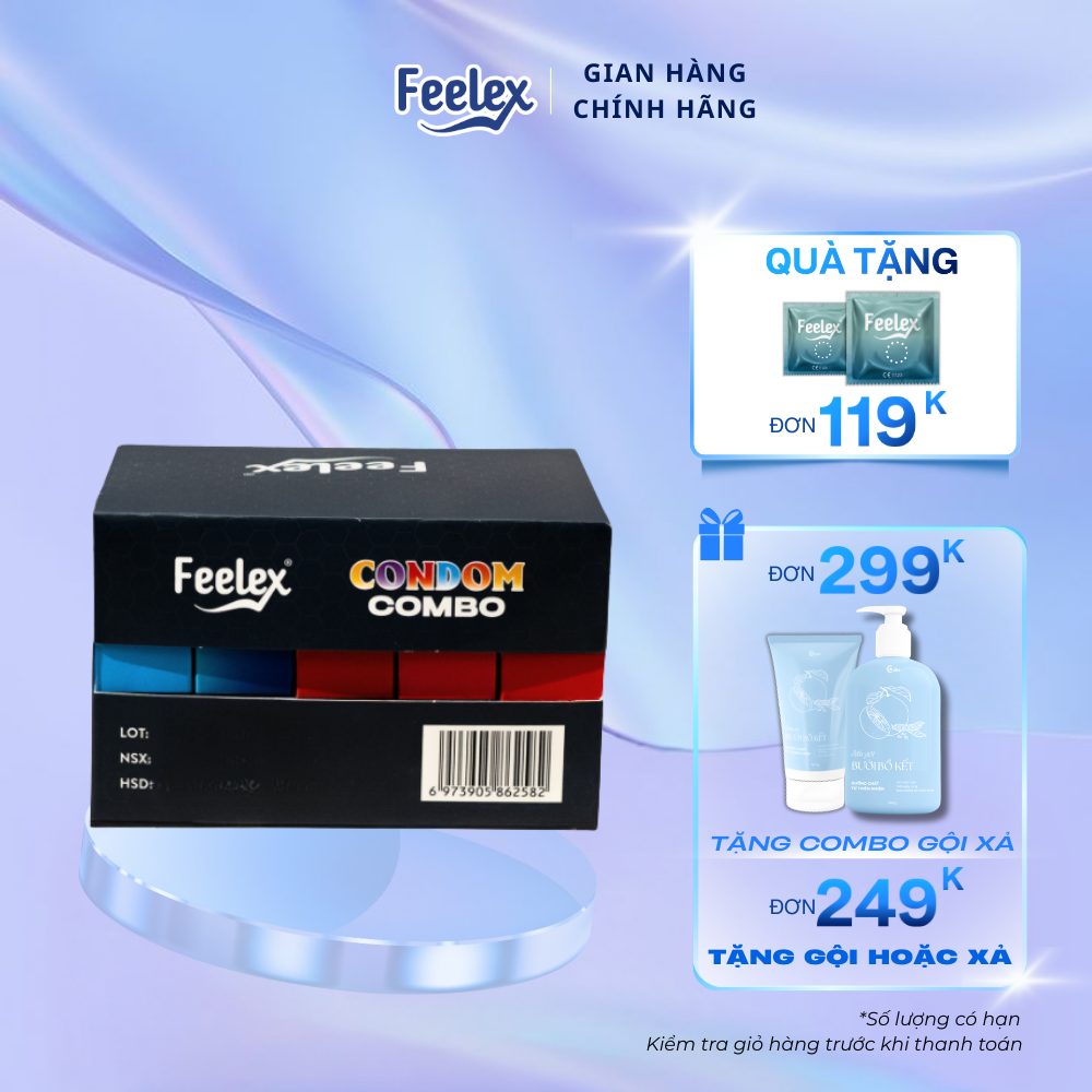 Combo 5 hộp bao cao su Feelex siêu mỏng, nhiều gel bôi trơn - 15 chiếc bcs