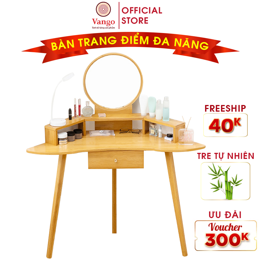 Bàn trang điểm mini thông minh VANGO V28 gỗ tre tự nhiên cao cấp, Bàn trang điểm có gương để góc phòng, siêu tiết kiệm diện tích, Phong cách Bắc Âu hiện đại, sang trọng