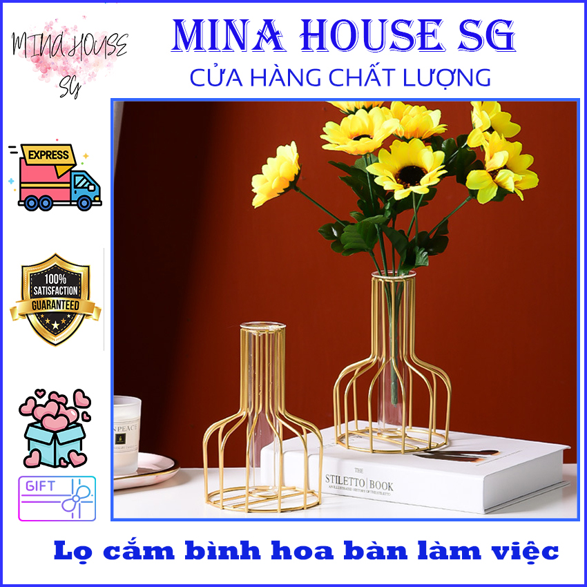 Lọ bình hoa decor bằng sắt rèn vàng phong cách Bắc Âu để bàn trang trí phòng khách Mina House SG