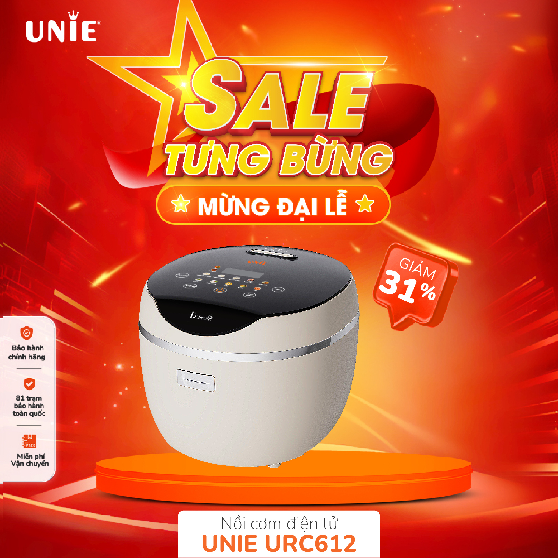 (SP MỚI)-Nồi cơm điện tử UNIE URC612 ,công nghệ nấu cơm giảm đường, lòng nồi inox 304, dung tích 1,2L,công suất 500W, BH 12 tháng