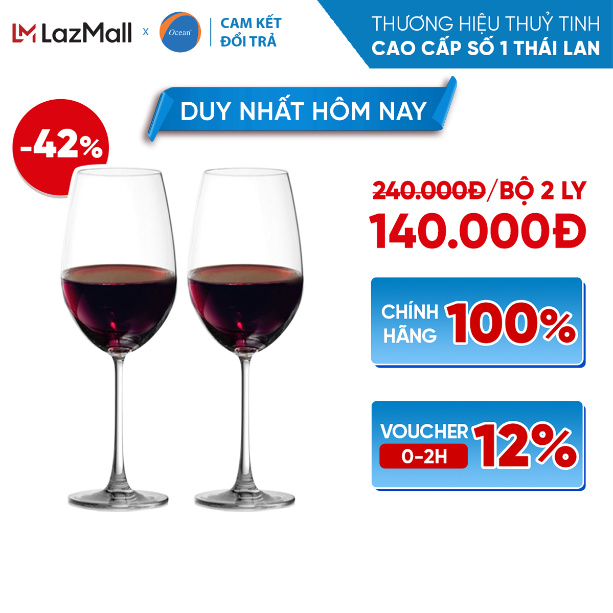 [Cam Kết Đổi Trả Nếu Vỡ] Bộ 2 Ly/Cốc Uống Rượu Vang Đỏ Thủy Tinh - Ocean Madison Red Wine 425ml - Ch