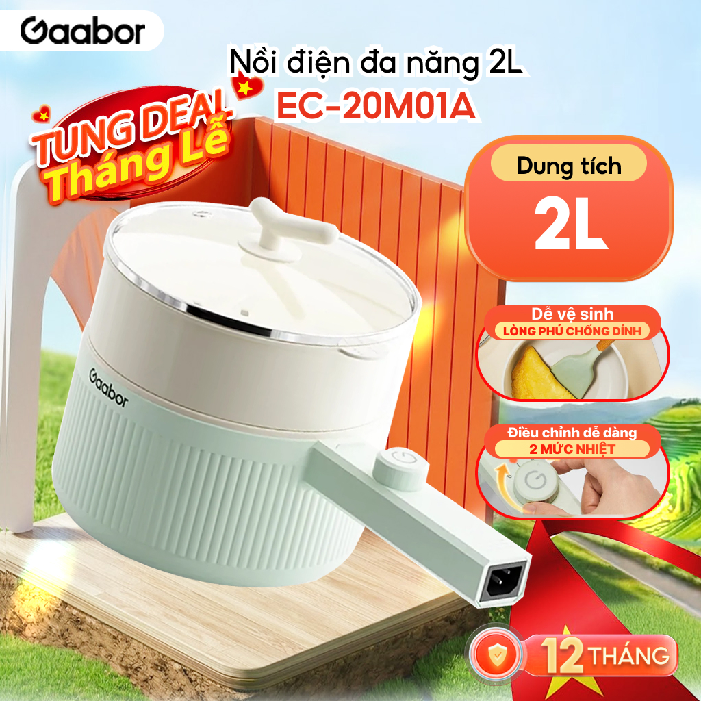 [HỎA TỐC HCM] Nồi nấu đa năng dung tích lớn 2L Gaabor EC-20M01A nồi lẩu hấp điện đa năng 2 mức nhiệt men chống dính kèm xửng hấp công suất 600W - Bảo hành 12 tháng 1 đổi 1