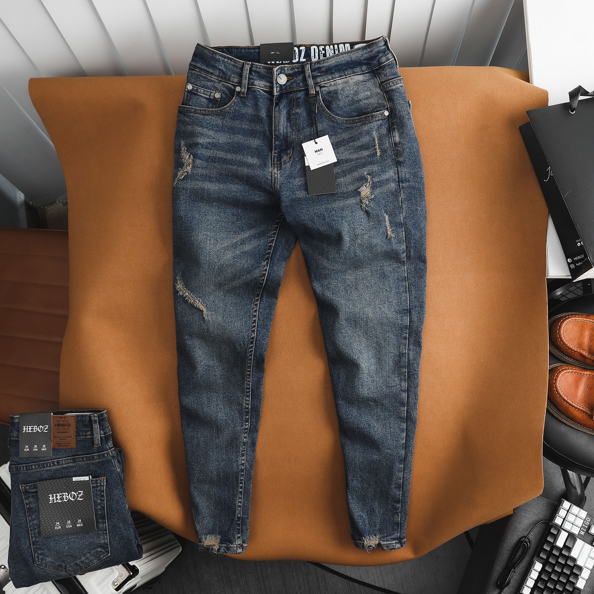 Quần jeans dài nam chất vải denim wash dirty cao cấp slim rách 059 Heboz - 00001764
