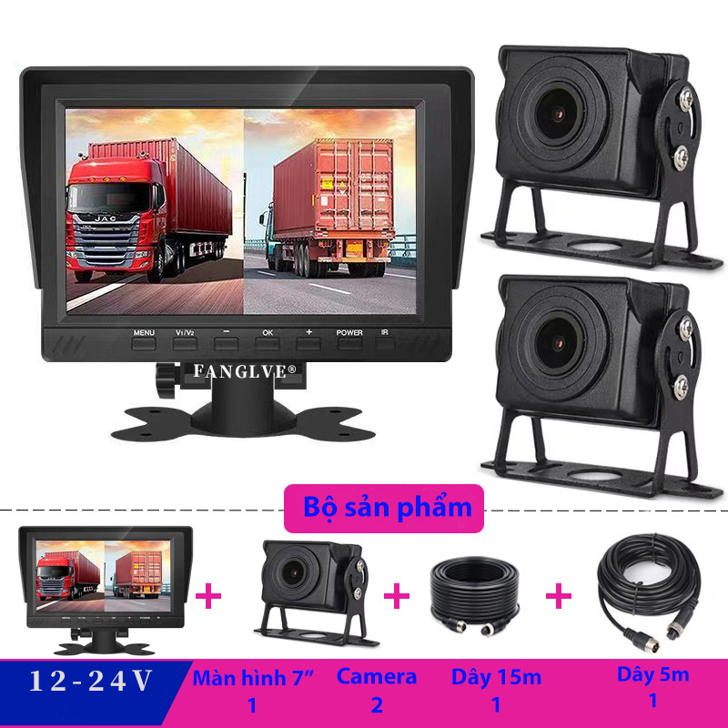 Bộ camera hành trình xe tải, điện 12 - 24V, ghi hình 2 mắt cam, độ phân giải cao, màn hình 7 inch, 2 dây 5m, 15m HN01