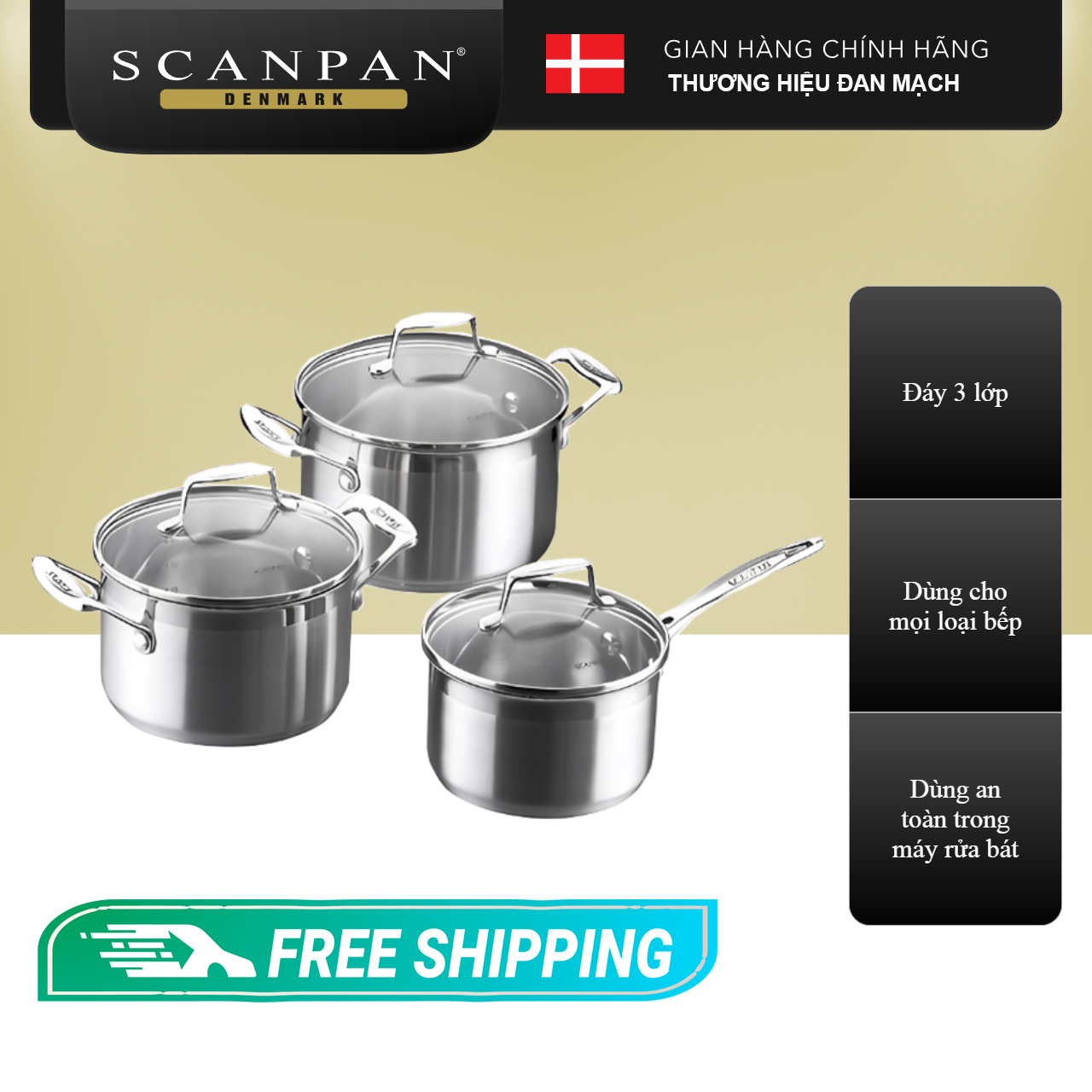 Bộ 3 nồi inox đáy từ Scanpan Impact size 16-20-24cm 71000301, thiết kế 3 lớp, inox 18/10 cao cấp an toàn cho sức khoẻ