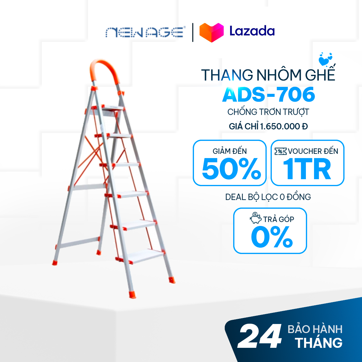 Thang nhôm ghế 6 bậc xếp gọn ADVINDEQ ADS-706, thang bản to tải trọng 150kg, bảo hành chính hãng 24 tháng toàn quốc
