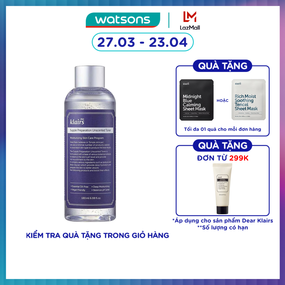 [MUA LÀ CÓ QUÀ] Nước Hoa Hồng Không Mùi Dear Klairs Dưỡng Ẩm Da Và Làm Mềm Da Supple Preparation Unscented 180ml