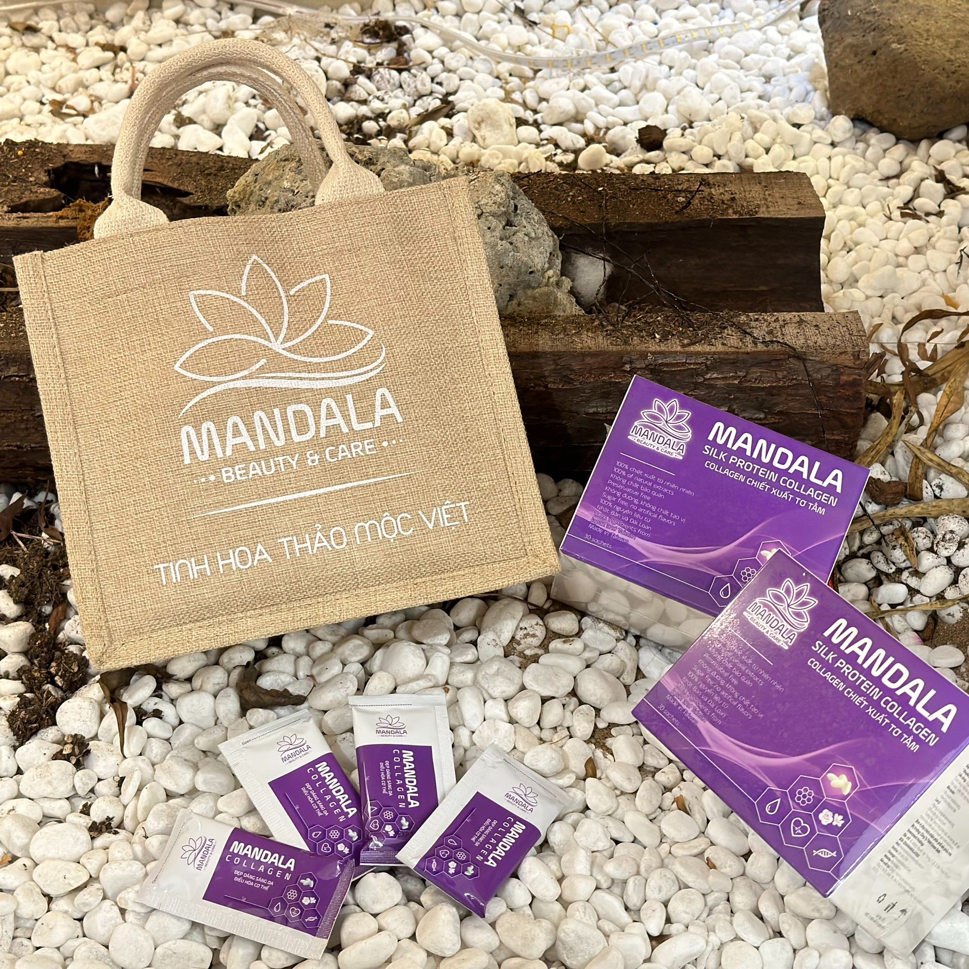 Túi vải đay linen có quai màu kem mandala